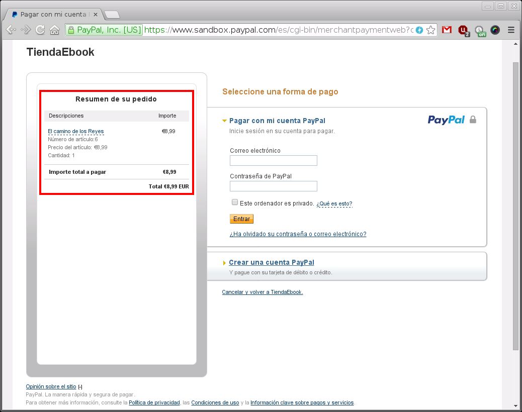 Imagen de la pagina de paypal para el pago de un libro